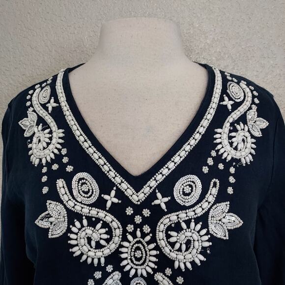 Charter Club Linen Luxury Blue Beaded Blouse Size LP - Picture 3 of 11